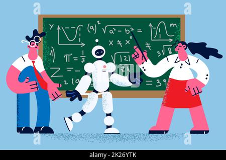 Robot teacher help students at board in college Stock Photo