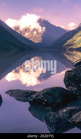 The landscape of Kucherlinskoye lake with mountains on background Stock Photo