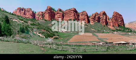 Landscape of Jeti Oguz red rocks in Karakol Kyrgyz republic Stock Photo