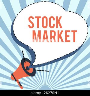 Hand writing sign Stock Market. Internet Concept forex trading for financial investment and economy trends Illustration Of A Loud Megaphone Speaker Making New Announcements Stock Photo