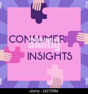 Inspiration showing sign Consumer Insights. Business idea behavior that aims to increase effectiveness of a product Illustration Of Hands Holding Puzzle Pieces Each Sides Of Box. Stock Photo