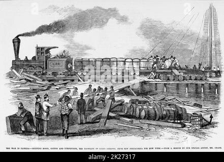 The War in Florida - Shipping rosin, cotton and turpentine, the property of Union citizens, from New Fernandina for New York. April 1862. 19th century American Civil War illustration from Frank Leslie's Illustrated Newspaper Stock Photo