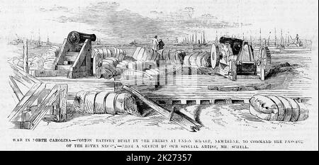 War in North Carolina - Cotton battery built by the Rebels at Union Wharf, New Bern, to command the passage of the River Neuse. April 1862. 19th century American Civil War illustration from Frank Leslie's Illustrated Newspaper Stock Photo