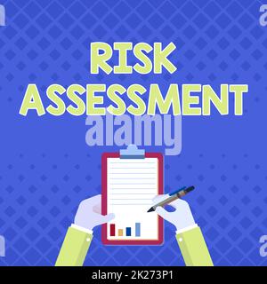 Conceptual caption Risk Assessment. Conceptual photo estimation of the levels of risks involved in a situation Business Associate Holding Clipboard Documenting Reports With Pen. Stock Photo