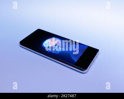 new processor mobile artificial intelligence, wireless Internet is a new generation. futuristic microchip 5g hologram. Microchip cybernetic system, computing technology. 2d graphic Stock Photo