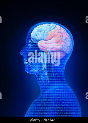 Big data and artificial intelligence concept. Machine learning and cyber mind domination concept in form of man face outline, binary data flow on blue background. 3d render Stock Photo