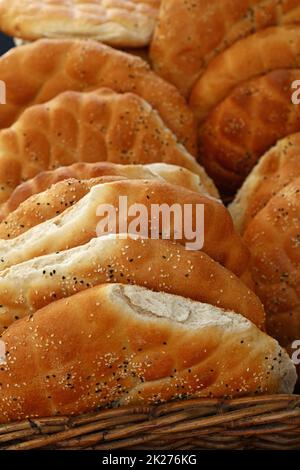 Close up fresh flatbread loaves on retail display Stock Photo