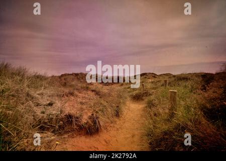 Retro style old photo of sandy pathway with grass reeds at beach sand dunes Stock Photo