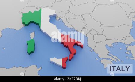 Italy map 3D illustration. 3D rendering image and part of a series. Stock Photo