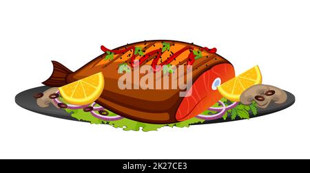 Realistic cooked red fish with lemon white background - Vector Stock Photo