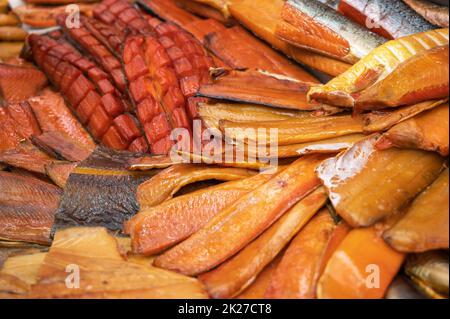 Various smoked fish products Stock Photo
