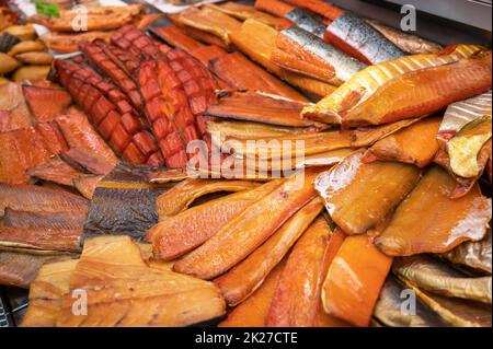 Various smoked fish products Stock Photo