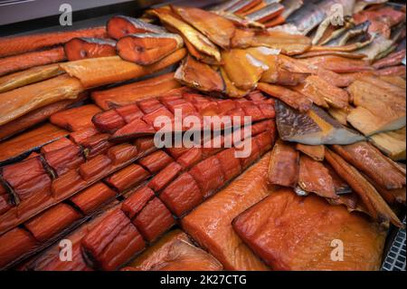 Various smoked fish products Stock Photo