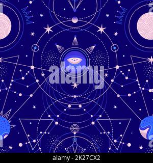 Mysterious space seamless patterns of planets, stars, other celestial bodies Stock Photo