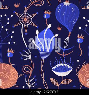 Vector floral seamless pattern. Mysterious witch night flowers. Repeat background with magic plants Stock Photo