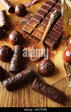 Dark chocolate, truffles and cocoa powder Stock Photo