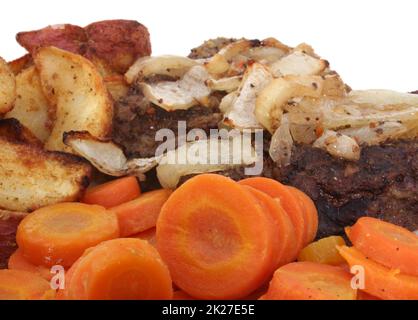 Steak with Carrots, Onion and Baked Potato Wedges on White Plate, Close-up Stock Photo