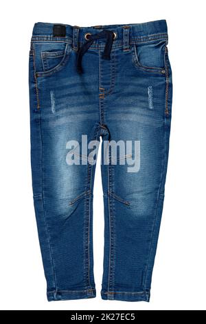 Blue jeans. Closeup of a trendy stylish dark blue denim pants or trousers for boys isolated on a white background. Clipping path. Kids summer and autumn fashion. Front view. Stock Photo