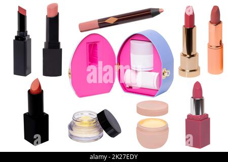 Collage of make up cosmetics and tools. Set of various open jars or bottles with cream for face, various lipsticks and a opened decorative cosmetic box or gift box and other beauty accessories isolated on a white background. Stock Photo