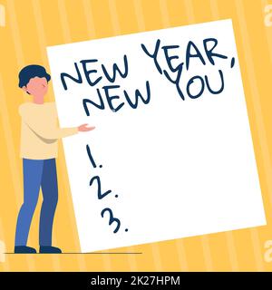 Text sign showing New Year, New You. Business approach coming January Changing personality for a better person Man Standing Drawing Holding Presenting Huge Blank Paper. Stock Photo
