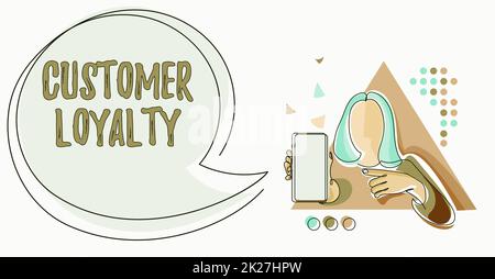 Text caption presenting Customer Loyalty. Business idea buyers adhere to positive experience and satisfaction Line Drawing For Lady Holding Phone Presenting New Ideas With Speech Bubble. Stock Photo