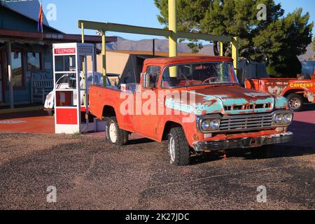 Traditional red truck on the route 66 in Arizona Stock Photo