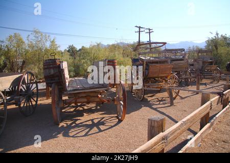 The old traditional wooden carriages in the Death Valley desert Stock Photo