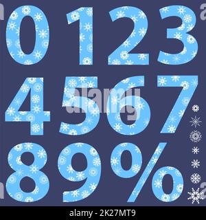 Set of Winter Snowflake Numbers Isolated on Blue Background Stock Photo