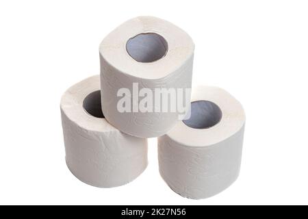 Three rolls of toilet paper stand in a pyramid on a white isolated background Stock Photo