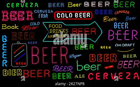 Collection of Vintage Neon Beer Signs on Black Background Stock Photo