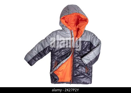 Winter jacket. Close-up of a stylish cosy warm silver black down jacket with orange lining for kids isolated on a white background. Clipping path. Fashionable clothes for children for spring and autumn. Stock Photo