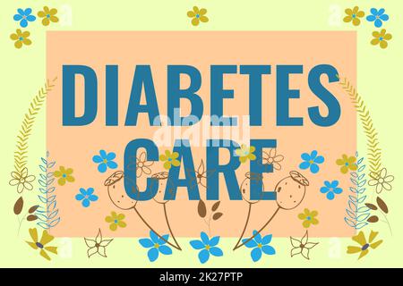 Hand writing sign Diabetes Care. Business approach prevent or treat complication that can result from the disease Text Frame Surrounded With Assorted Flowers Hearts And Leaves. Stock Photo