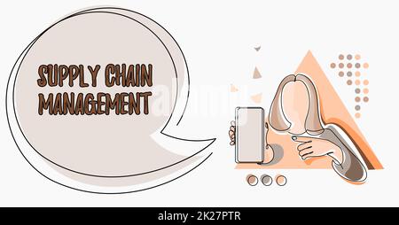 Inspiration showing sign Supply Chain Management. Business concept Aspects of modern smart company logistics processes Line Drawing For Lady Holding Phone Presenting New Ideas With Speech Bubble. Stock Photo