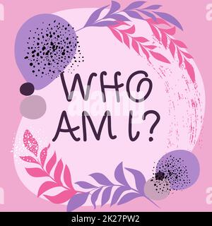 Handwriting text Who Am I Question. Business concept asking about self identity or personal purpose in life Text Frame Surrounded With Assorted Flowers Hearts And Leaves. Stock Photo