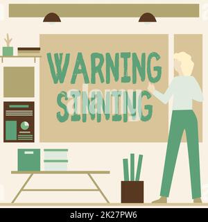 Text sign showing Warning Sinning. Concept meaning stop the action which is believed to break the laws Businesswoman Casual Standing Presenting Charts And New Wonderful Ideas. Stock Photo