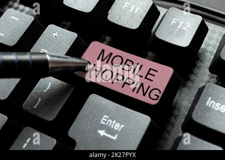 Inspiration showing sign Mobile Shopping. Business showcase to purchase merchandise conducted using a cellphone Typewriting End User License Agreement, Typing New Network Password Stock Photo