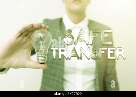 Writing displaying text Safe Transfer. Word for transmitting the patient from a surface to a bed with care Lady in business outfit holding lamp presenting new technology ideas Stock Photo