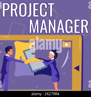 Text caption presenting Project Manager. Business concept overall charge of the planning and execution of a project Colleagues Building New Project Plans Presenting Latest Ideas. Stock Photo