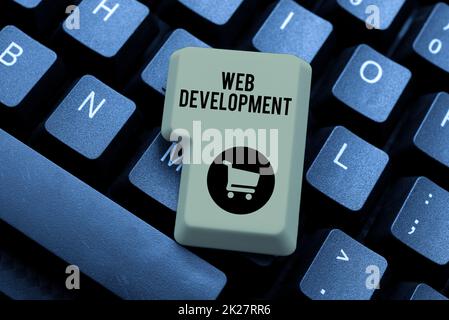Text sign showing Web Development. Word Written on work involved in developing a website for the Internet Typing A New Mystery Novel, Creating Online Post On Social Media Stock Photo
