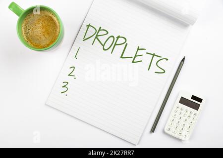 Inspiration showing sign Droplets. Concept meaning very small drop of a liquid can be found in certain wet places Multiple Assorted Collection Office Stationery Photo Placed Over Table Stock Photo