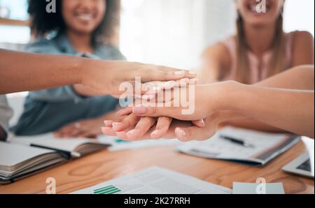 Collaboration, motivation and teamwork by hands in support of a strategy of idea, having fun in a meeting. Trust, deal and vision with diverse Stock Photo