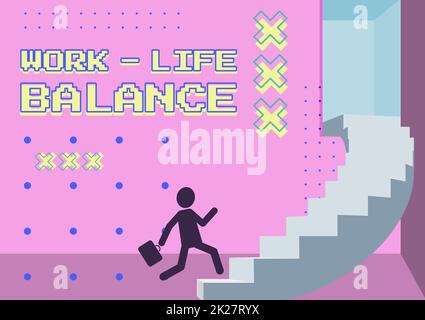 Sign displaying Work life Balance. Business concept prioritization between personal and professional activity Gentleman In Suit Running Upwards On A Large Stair Steps Showing Progress. Stock Photo