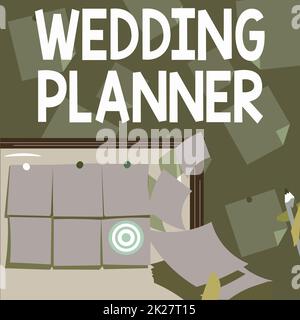 Text sign showing Wedding Planner. Business overview someone who plans and organizes weddings as a profession Backdrop Presenting Sticky Notes Hands Writing Paper Having Set Goals. Stock Photo