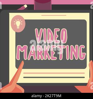 Sign displaying Video Marketing. Word Written on using videos to promote and market your product or service Illustration Of A Hand Using Big Tablet Searching Plans For New Amazing Ideas Stock Photo