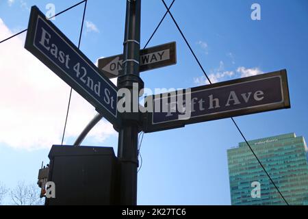 Blue East 42nd Street and Fifth Avenue historic sign in midtown Manhattan Stock Photo