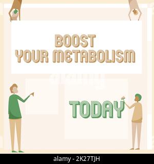 Conceptual display Boost Your Metabolism. Business concept body process uses to make and burn energy from food Four Colleagues Drawing Standing Holding Different Sized Blank Sheet. Stock Photo