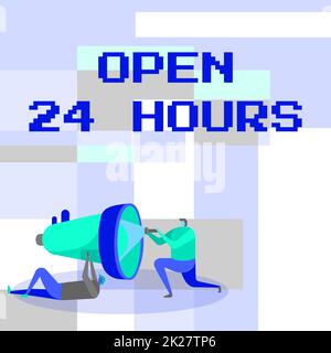 Hand writing sign Open 24 Hours. Word Written on available all day and all night without closing or stopping Workers Drawing Helping One Other With Flashlight To Fix Megaphone. Stock Photo