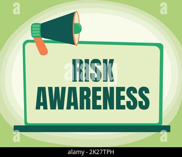 Handwriting text Risk Awareness. Internet Concept recognizing factors that may cause a lifethreatening effect Illustration Of Megaphone On Blank Monitor Making Announcements. Stock Photo