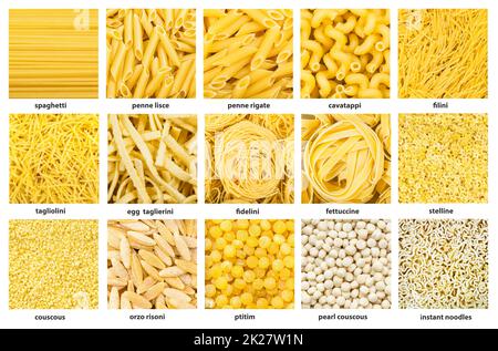 various wheat pasta and noodle with names close up Stock Photo