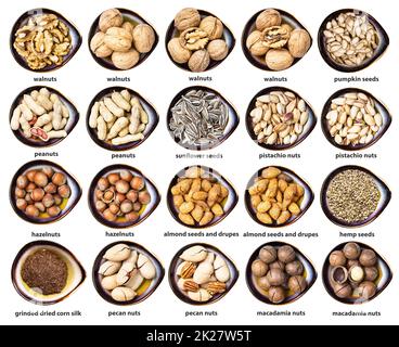 set of various nuts with names in ceramic bowls Stock Photo